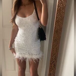 Windsor White sequin Feather Trim Mini Dress
